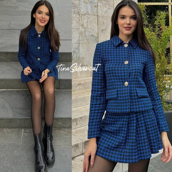 BLOGGER'S FAVE! Zara 2 Piece Co-ord Houndstooth Blazer And Skort Set Blue NWT